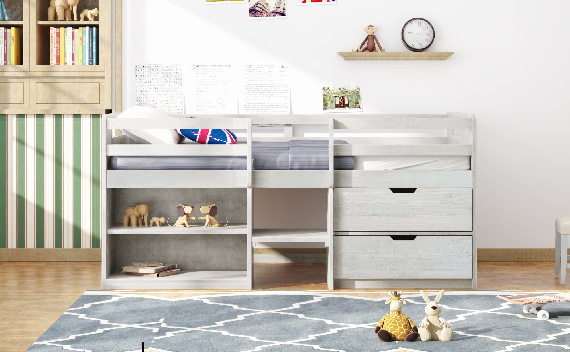 Twin size Loft Bed with Two Shelves and Two drawers (Antique White) - Atlantic Fine Furniture Melbourne FL