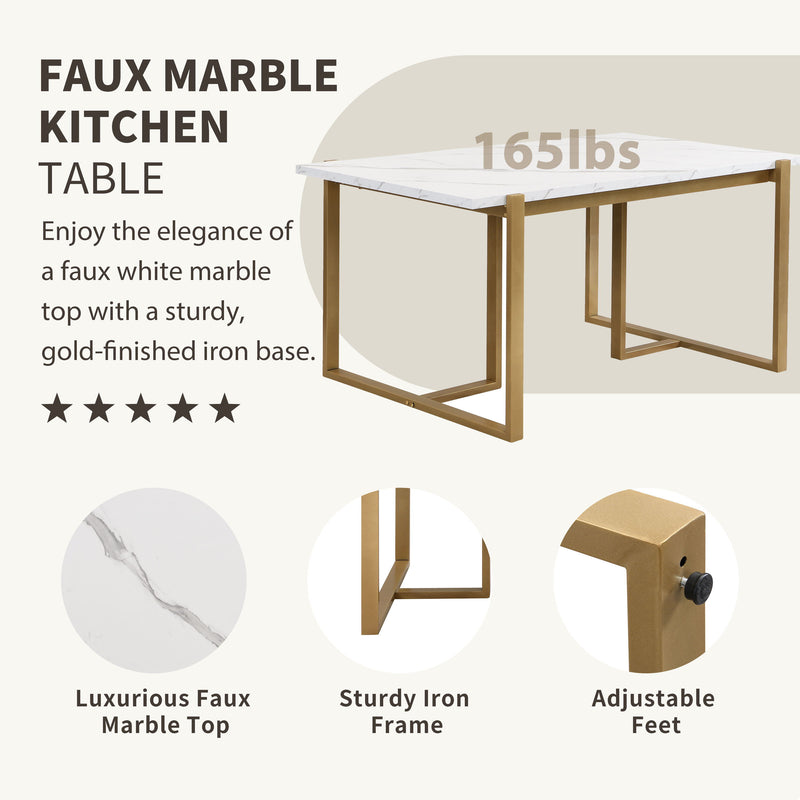 Modern Dining Table Set For 6 Faux Marble Kitchen Table Set With 6 Upholstered Dining Chairs, 7 Piece - White / Golden