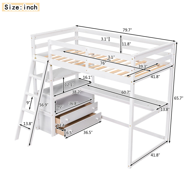 Twin Size Loft Bed with Desk and Shelves, Two Built-in Drawers, White (old SKU: GX000803AAK-1)