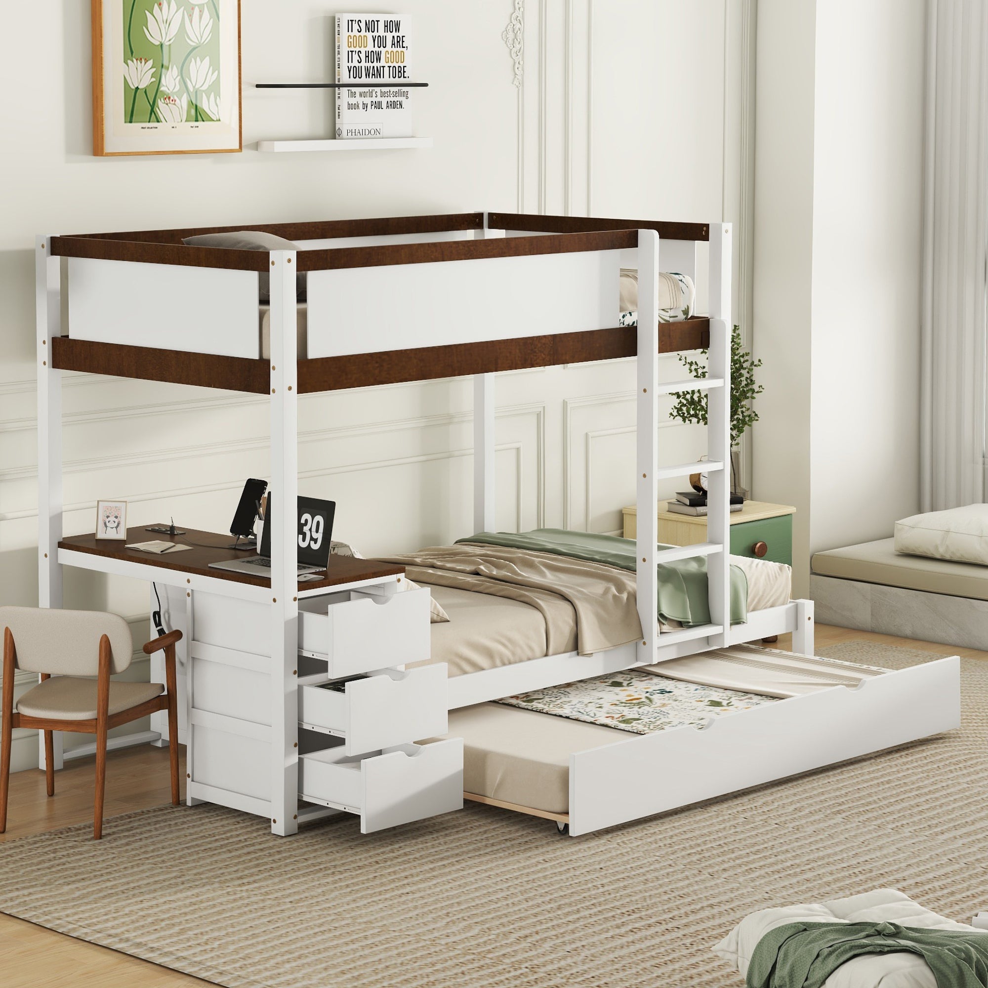 Twin-Over-Twin Bunk Bed with Twin size Trundle, Storage and Desk, White+Walnut - Atlantic Fine Furniture Melbourne FL