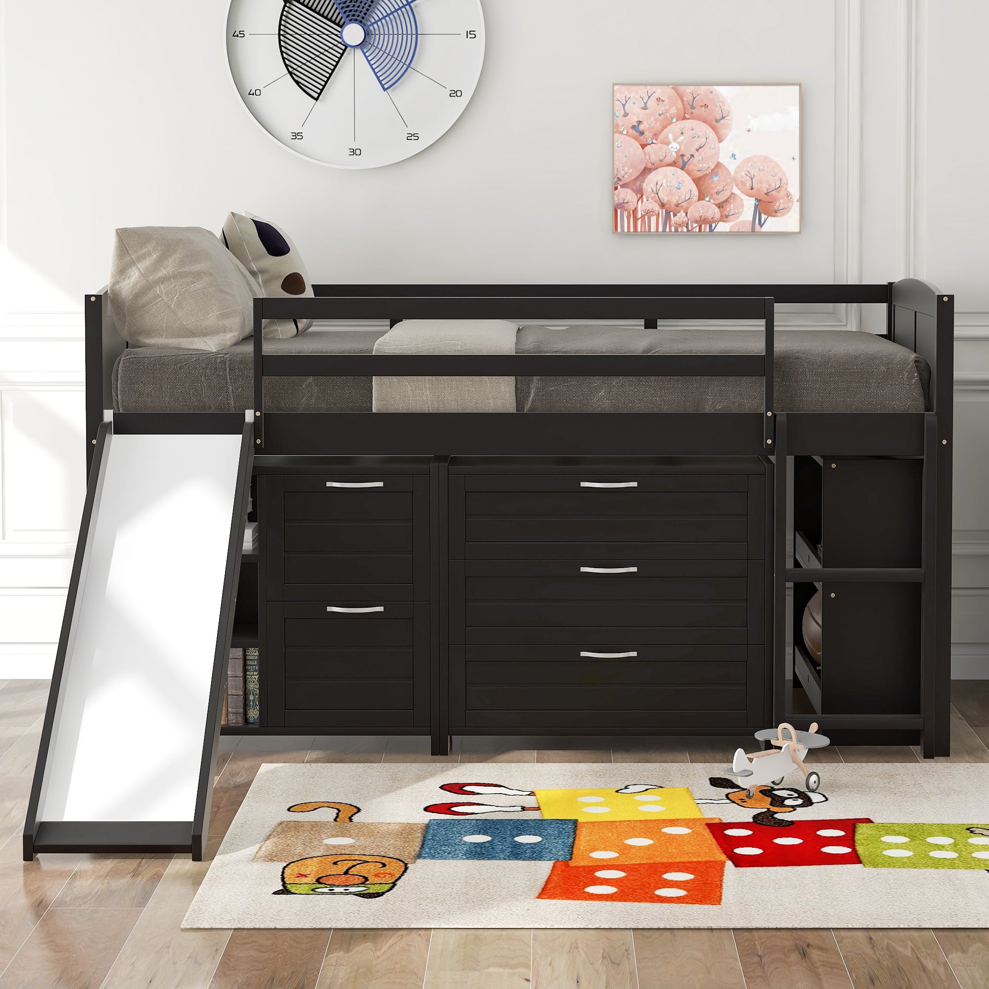 Low Twin Size Loft Bed with Cabinets, Shelves and Slide - Espresso(OLD SKU :LP000503AAP) - Atlantic Fine Furniture Melbourne FL