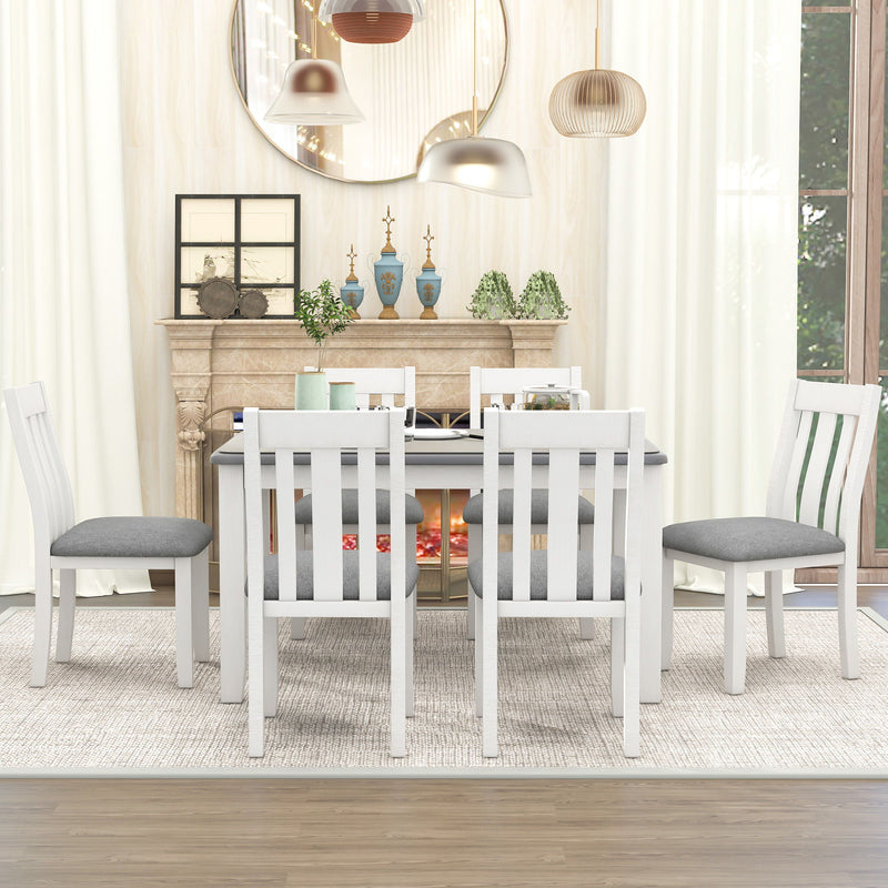 Retro Style 7 Piece Dining Table Set With Extendable Table And 6 Upholstered Chairs - Gray / White