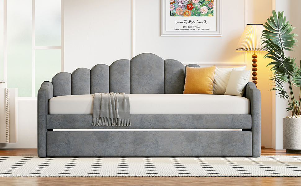 Twin size Upholstered Daybed with Trundle ,Velvet Sofabed with USB Charging Ports,No Box-spring Needed,Gray - Atlantic Fine Furniture Melbourne FL