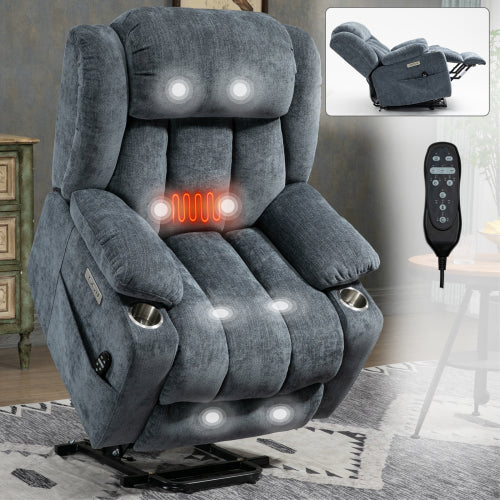 Power Assist Recliner Chair with Massage and Lumbar Heating, Blue