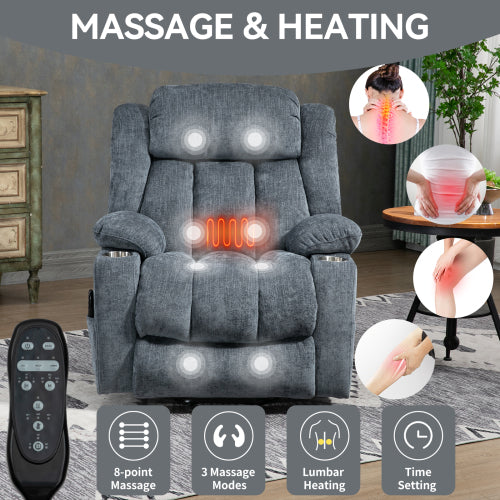 Power Assist Recliner Chair with Massage and Lumbar Heating, Blue