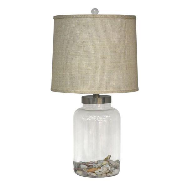 Shoreline Treasures, 27" Glass Table Lamp w/ Seashells and Burlap Shade. Sold as 2 pack