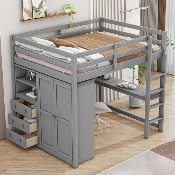Wood Full Size Loft Bed With Built - In Wardrobe, Desk, Storage Shelves And Drawers, Gray
