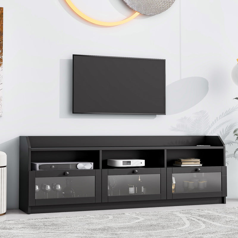 On-Trend Sleek & Modern Design TV Stand With Acrylic Board Door, Chic Elegant Media Console For Tvs Up To 65", Ample Storage Space TV Cabinet With Black Handles, Black
