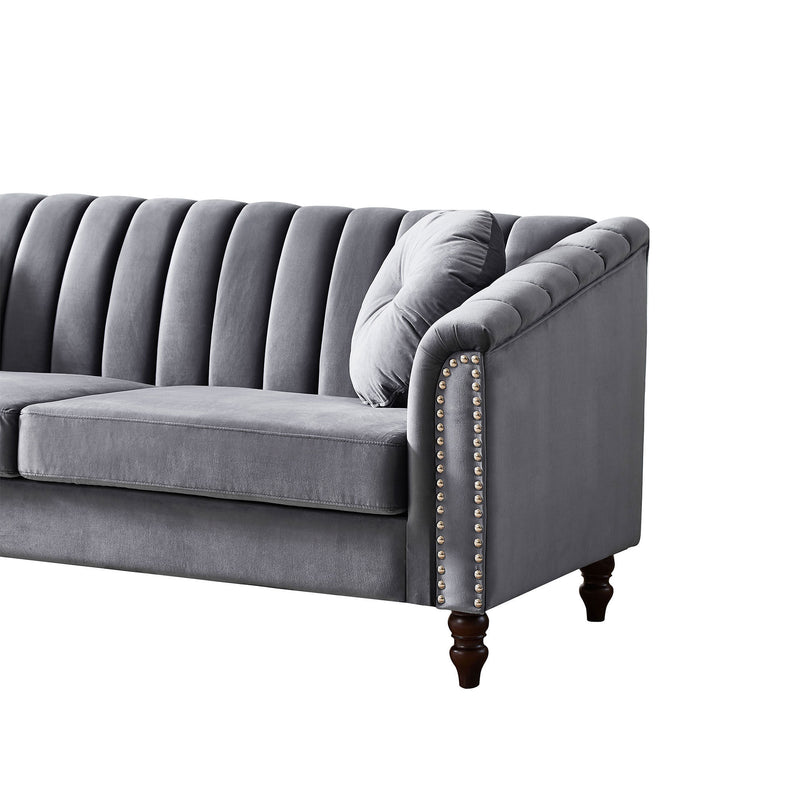 MH Modern Velvet Upholstered Sofa Couch, 3 Seat Tufted Back with Nail Arms, Solid wood Legs, Sleeper Sofa for Living Room, Compact Living Space, Apartment, Bonus Room, Grey
