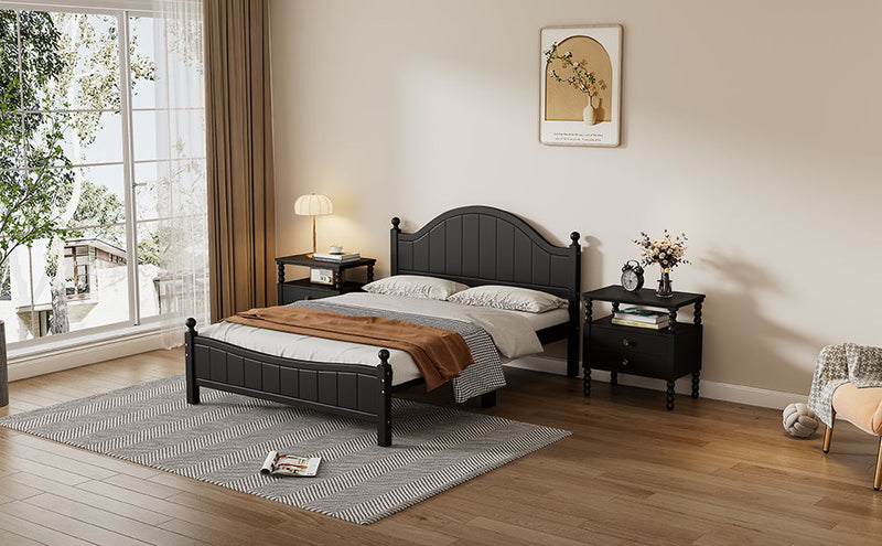 Traditional Concise Style Black Solid Wood Platform Bed, No Need Box Spring, Queen