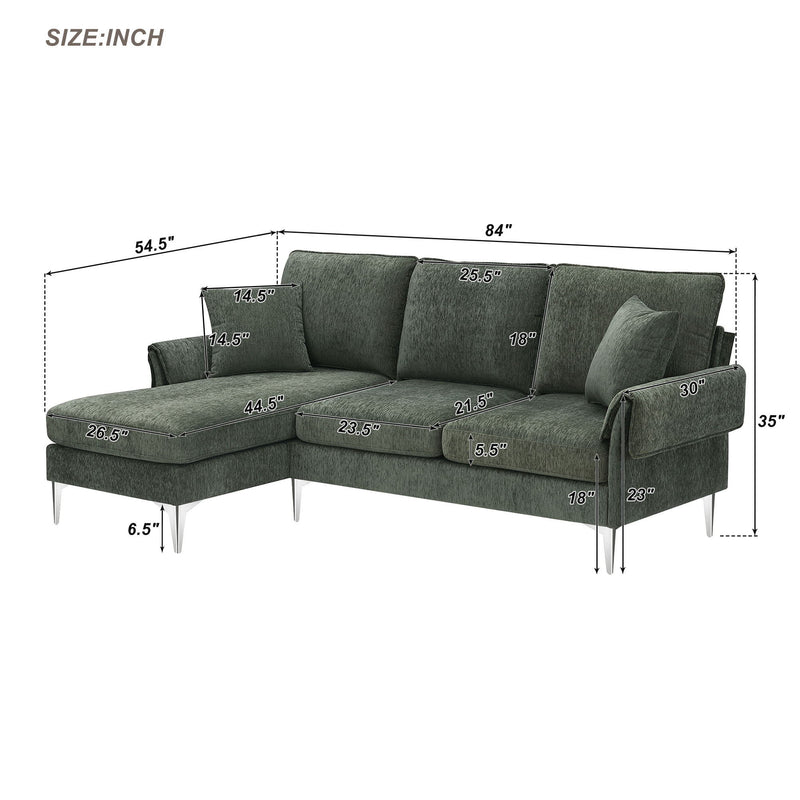 84" Convertible Sectional Sofa, Modern Chenille L-Shaped Sofa Couch With Reversible Chaise Lounge, Fit For Living Room, Apartment (2 Pillows) - Dark Green