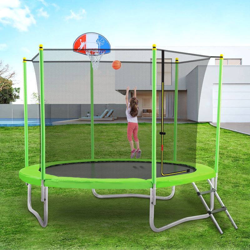 10FT Trampoline For Kids With Safety Enclosure Net - Basketball Hoop And Ladder - Easy Assembly Round Outdoor Recreational Trampoline