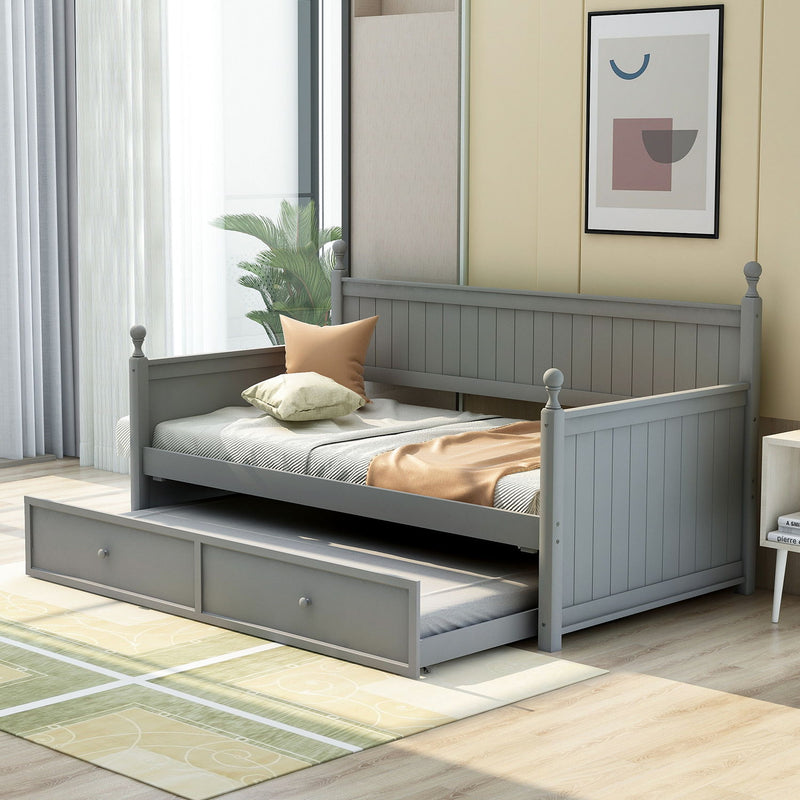 Twin Size Wood Daybed With Twin Size Trundle (Gray)