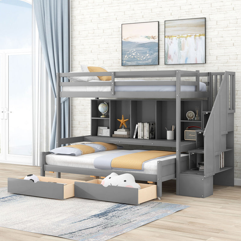 Twin Long Over Full Bunk Bed With Built-In Storage Shelves, Drawers And Staircase, Gray