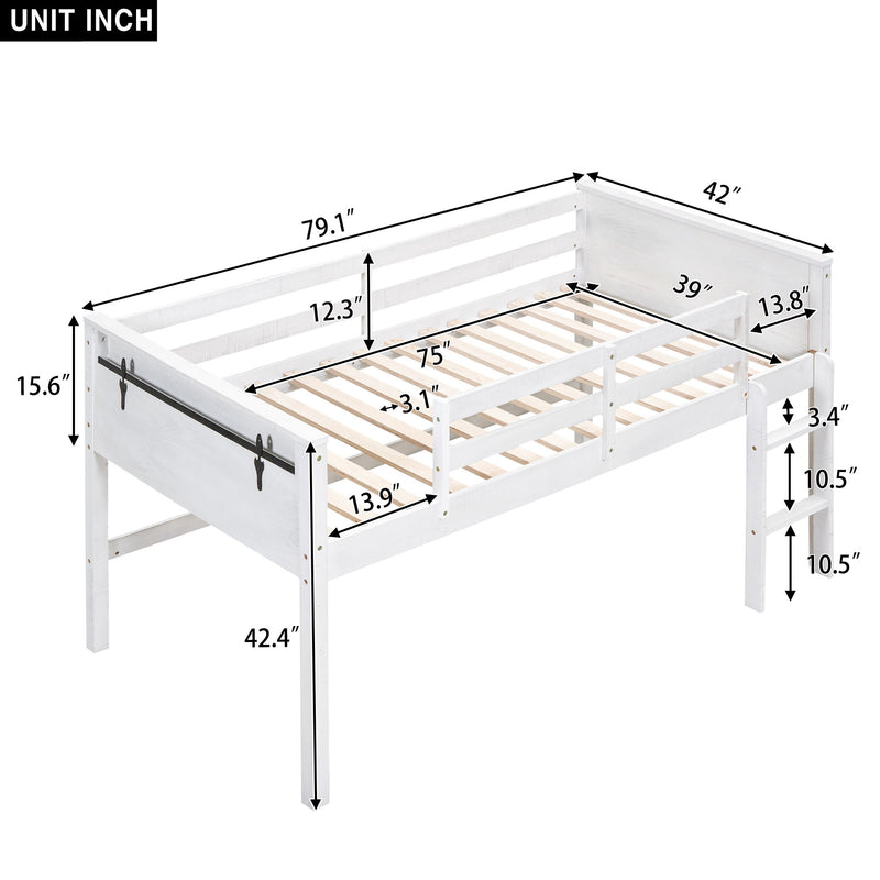 Wood Twin Size Loft Bed With Hanging Clothes Racks, White