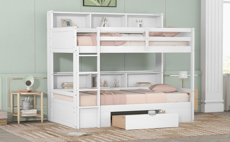 Twin Size Bunk Bed With Built-In Shelves Beside Both Upper And Down Bed And Storage Drawer, White