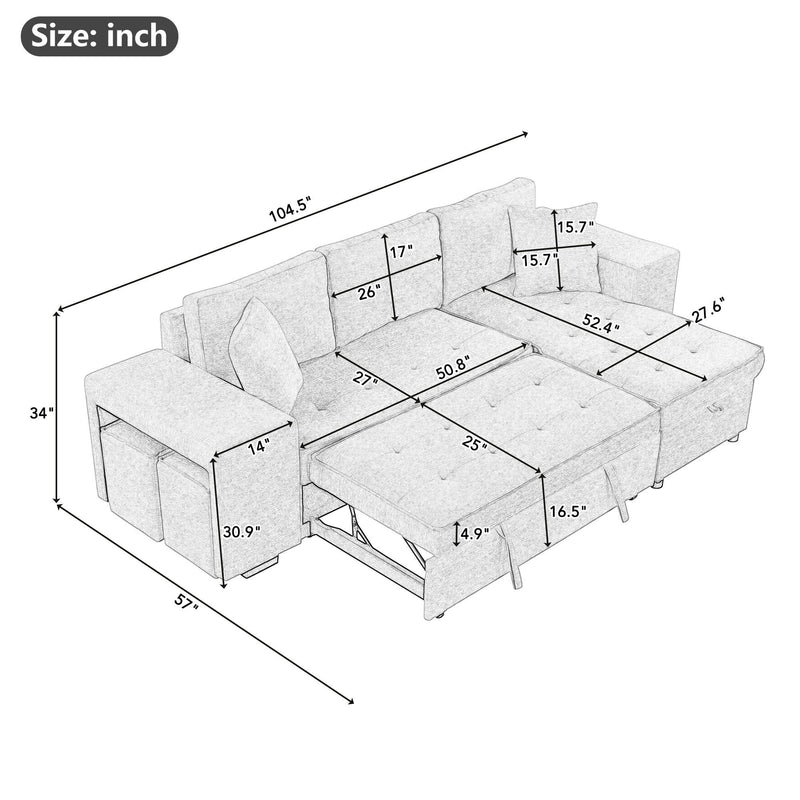 Modern L - Shape 3 Seat Reversible Sectional Couch, Pull Out Sleeper Sofa With Storage Chaise And 2 Stools For Living Room Furniture Set, Cream