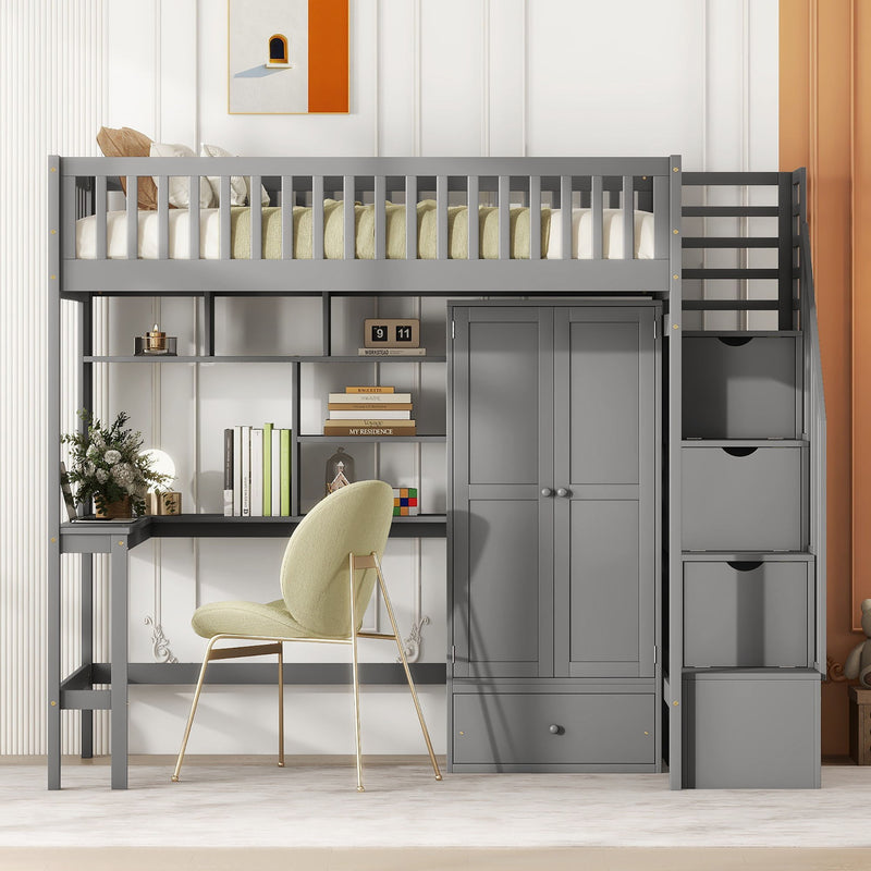 Twin Size Loft Bed With Bookshelf, Drawers, Desk And Wardrobe - Gray