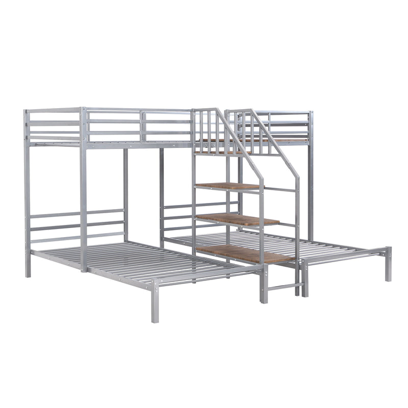 Metal Twin Over Twin & Twin Bunk Bed, Triple Bunk Bed With Storage Shelves Staircase, Silver