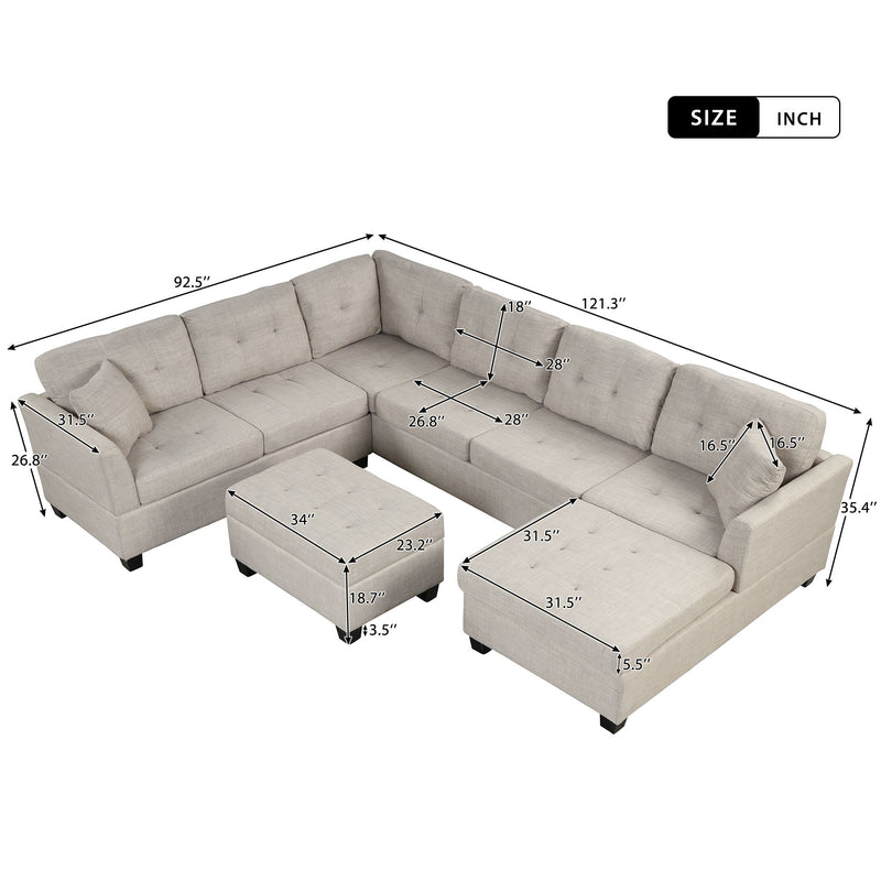 121.3" Oversized Sectional Sofa With Storage Ottoman, U Shaped Sectional Couch With 2 Throw Pillows For Large Space Dorm Apartment