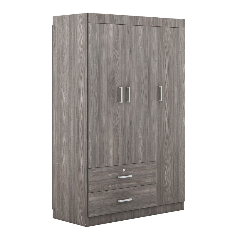 3-Door Wardrobe With 2 Drawers, Wood Grain Effect In Gray