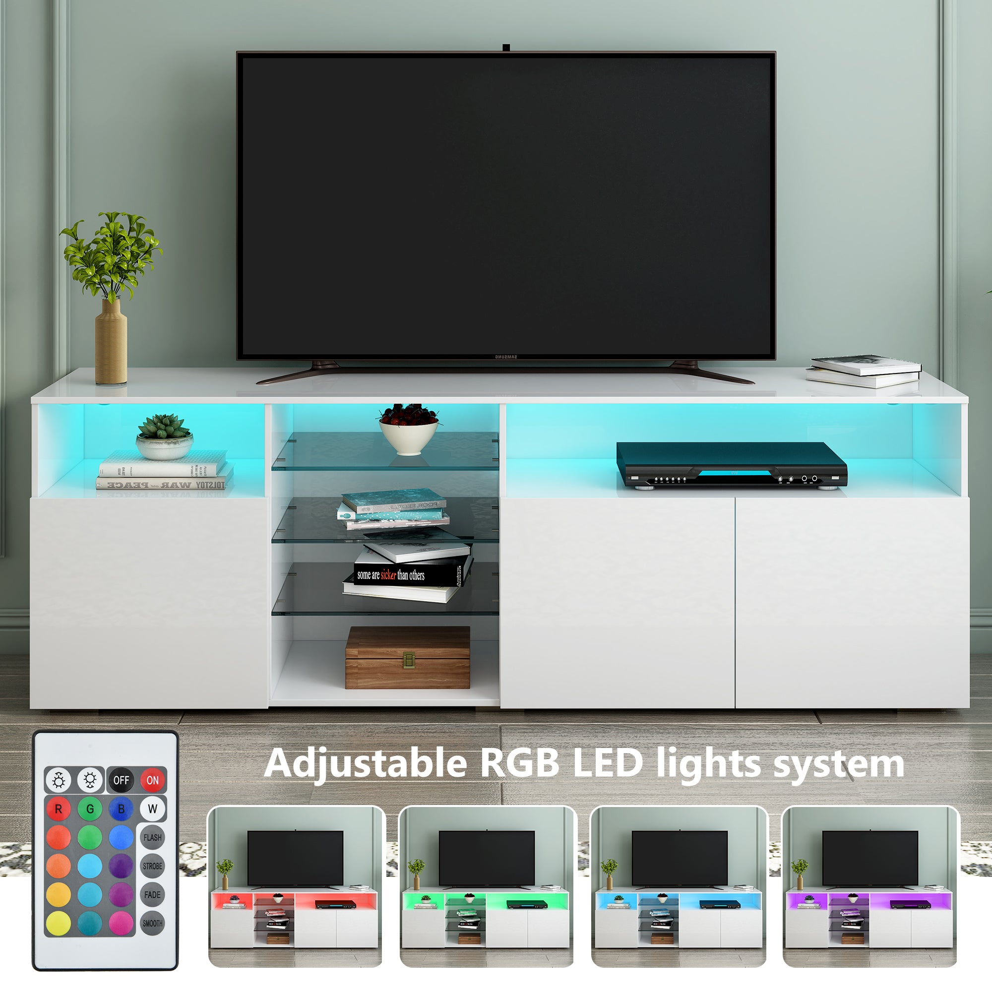 U-Can Modern, Stylish Functional TV stand with Color Changing LED Lights, Universal Entertainment Center, High Gloss TV Cabinet for 70+ inch TV, White - Atlantic Fine Furniture Inc