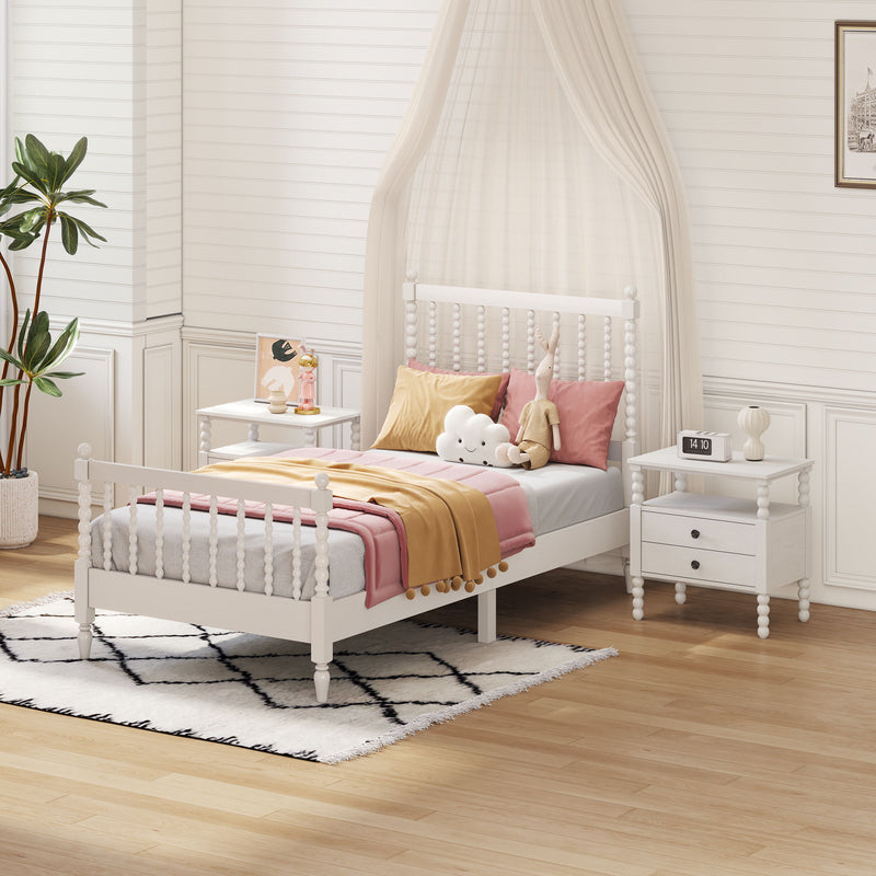 3 Pieces Bedroom Sets Twin Size Wood Platform Bed With Gourd Shaped Headboard And Footboard With 2 Nightstands, White