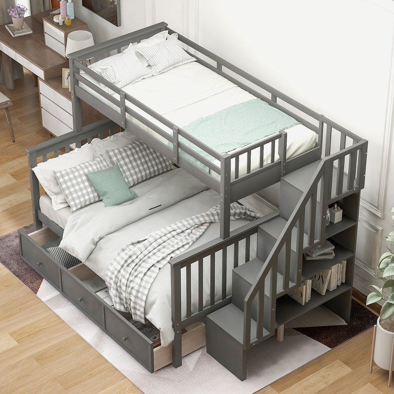 Stairway Twin Over Full Bunk Bed With Drawer, Storage And Guard Rail For Bedroom, Dorm, For Adults, Gray Color