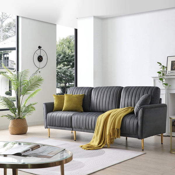 Modern Velvet Upholstered Sofa Couch 3 Seat Channel Tufted Back and Cushion Seat, Metal Legs, Sleeper Sofa for Living Room, Compact Living Space, Apartment, Bonus Room, Grey - Atlantic Fine Furniture Inc