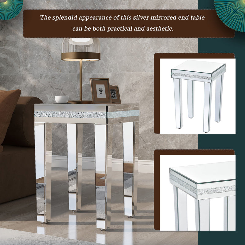 On-Trend Fashionable Modern Glass Mirrored Side Table, Easy Assembly End Table With Crystal Design And Adjustable Height Legs, Silver