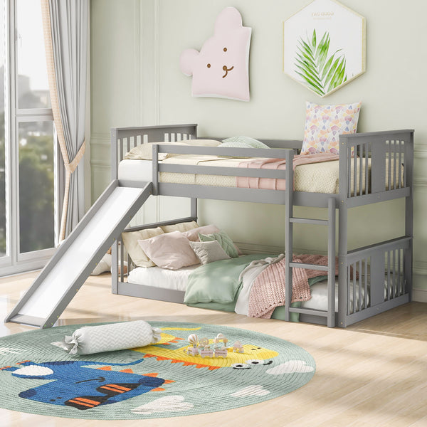Twin Over Twin Bunk Bed With Slide And Ladder In Gray