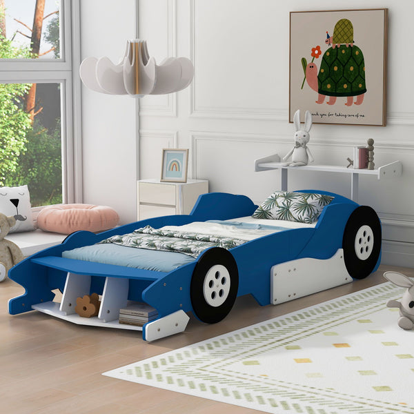 Twin Size Race Car-Shaped Platform Bed With Wheels Blue
