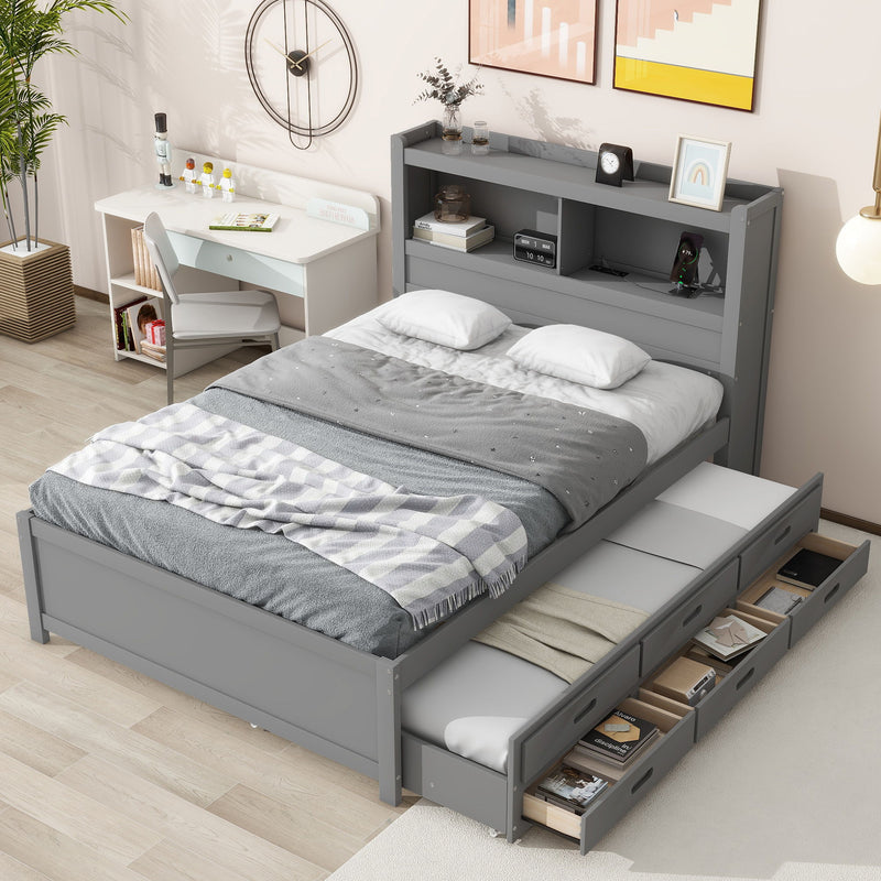 Full Size Platform Bed With Trundle, Drawers And USB Plugs, Gray