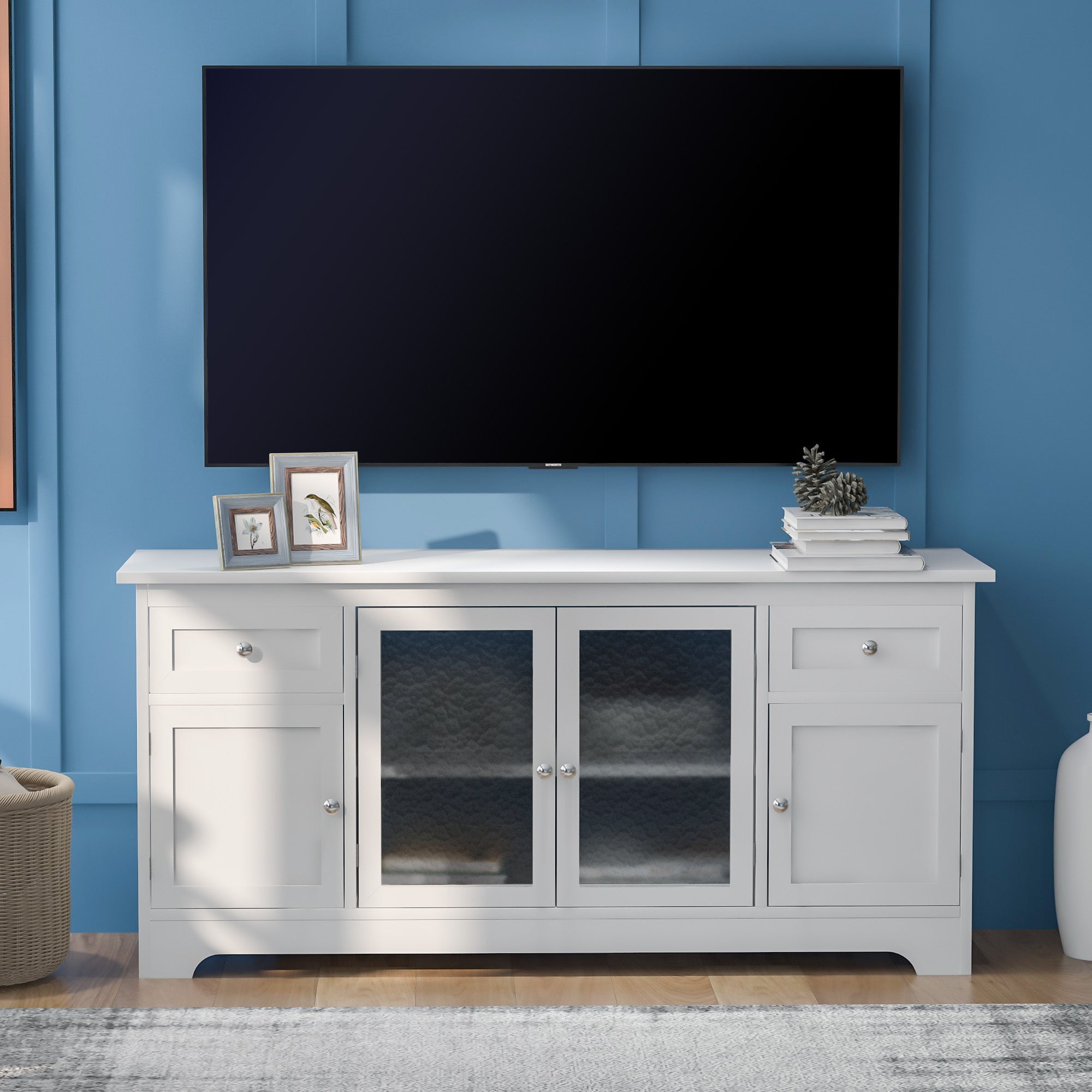 U-Can TV Stand for TV up to 65in with 4 Doors Adjustable Panels Open Style Cabinet, Sideboard for Living room, White - Atlantic Fine Furniture Inc