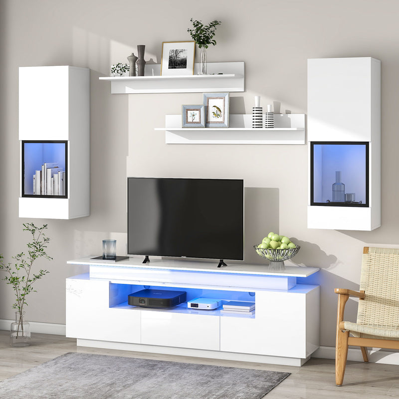 On-Trend Stylish Functional TV Stand, 5 Pieces Floating TV Stand Set, High Gloss Wall Mounted Entertainment Center With 16 - Color LED Light Strips For 75/" TV, White