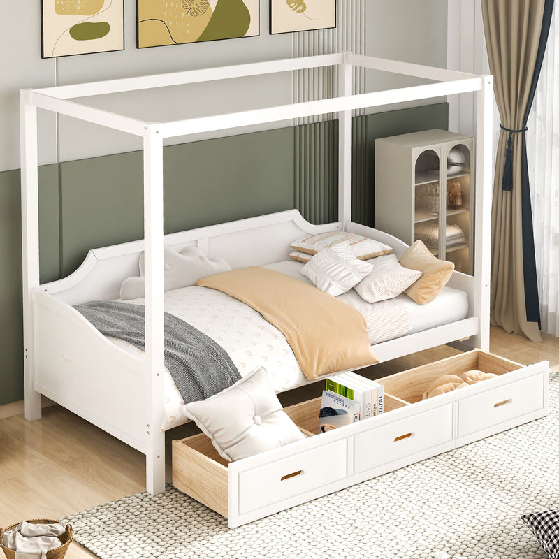 Twin Size Wooden Canopy Daybed With 3 In 1 Storage Drawers, White