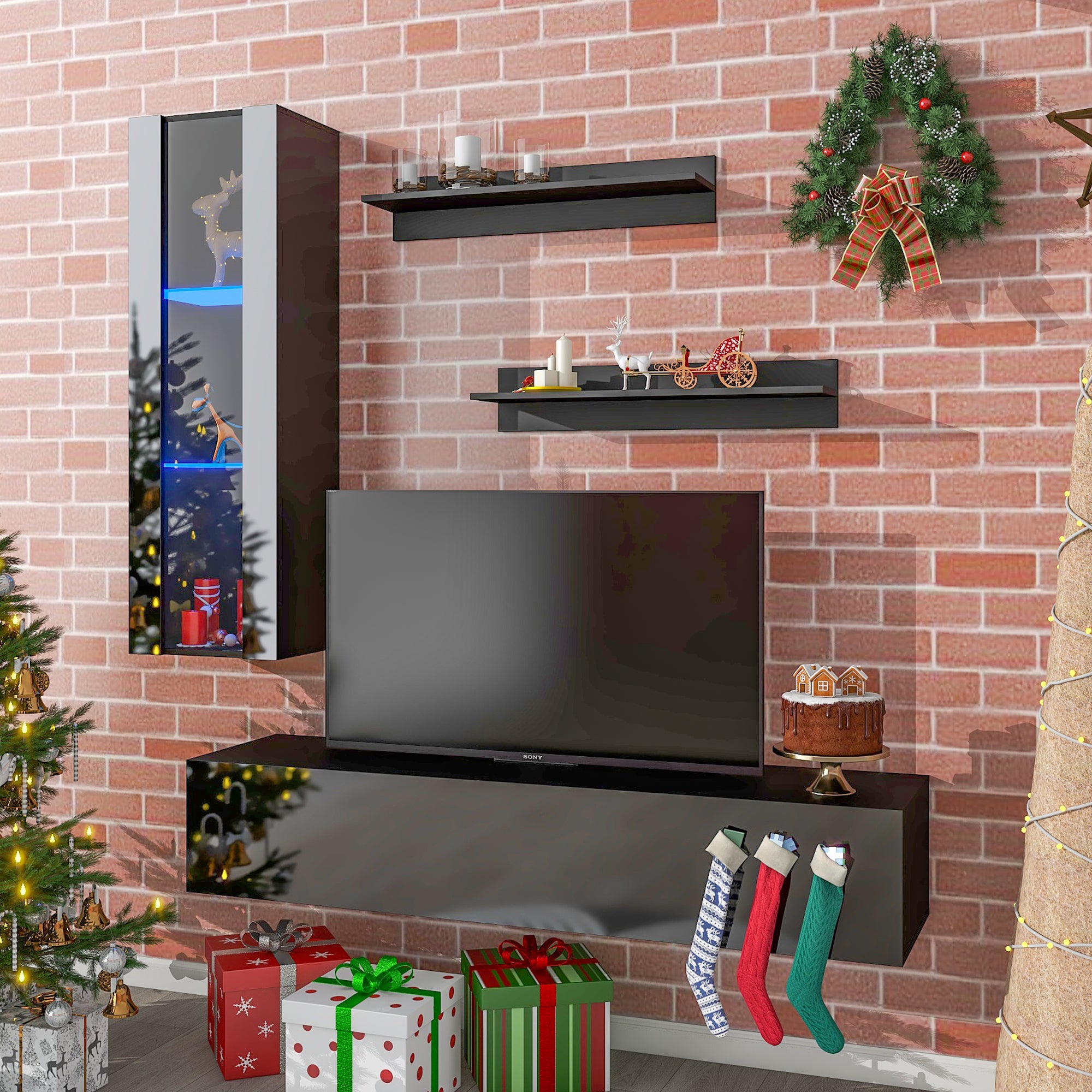 ON-TREND 4-Piece Wall Mount Floating TV Stand with See-through Media Storage Cabinet, Modern High Gloss Entertainment Center up to 70+ Inch TV, RGB Lights for Living Room, Home Theater, Black - Atlantic Fine Furniture Inc