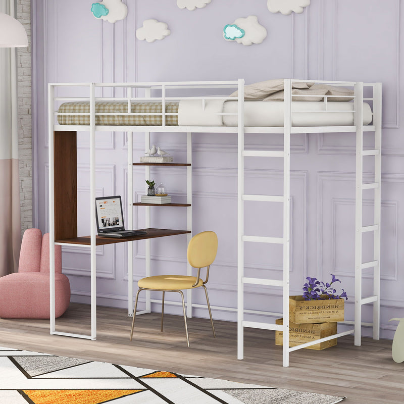 Twin Metal Loft Bed With 2 Shelves And One Desk, White