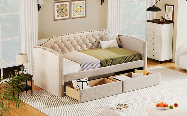 Twin Size Upholstered Daybed With Drawers For Guest Room, Small Bedroom, Study Room, Beige