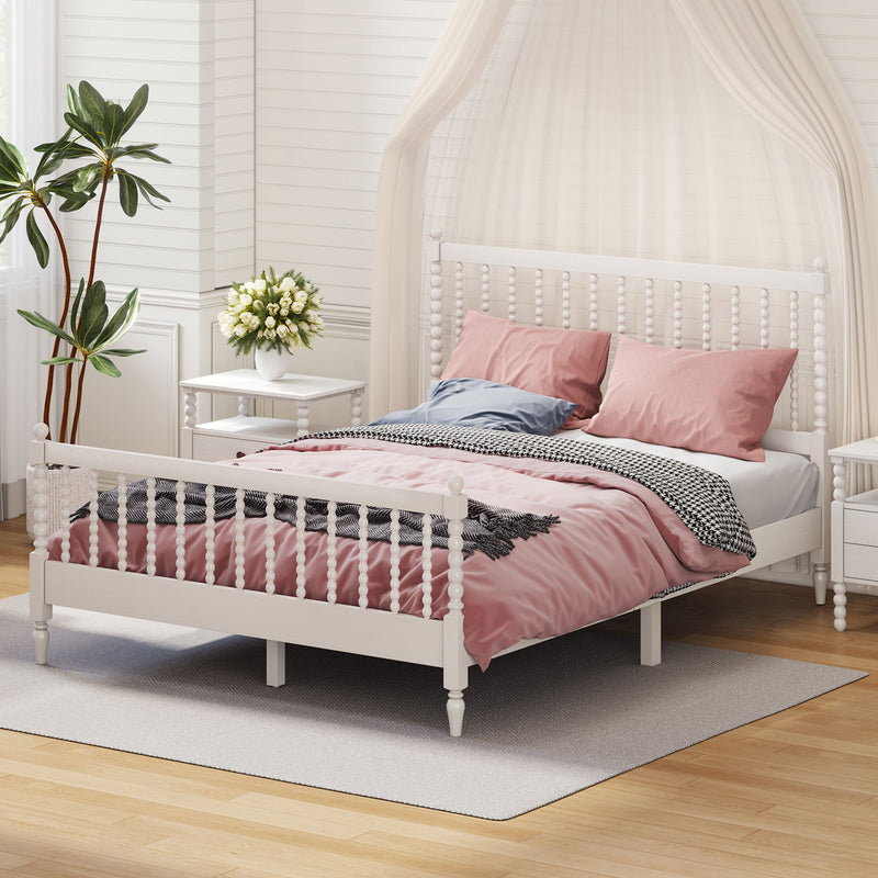 Queen Size Wood Platform Bed With Gourd Shaped Headboard And Footboard, White