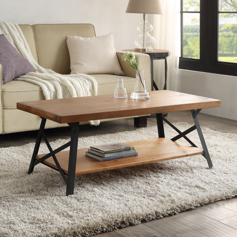 43" Metal Legs Rustic Coffee Table - Solid Wood Tabletop