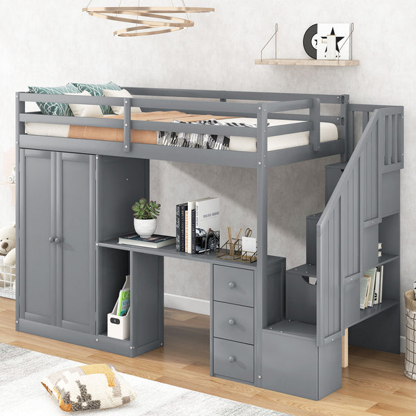 Twin Size Loft Bed With Wardrobe And Staircase, Desk And Storage Drawers And Cabinet In 1, Gray