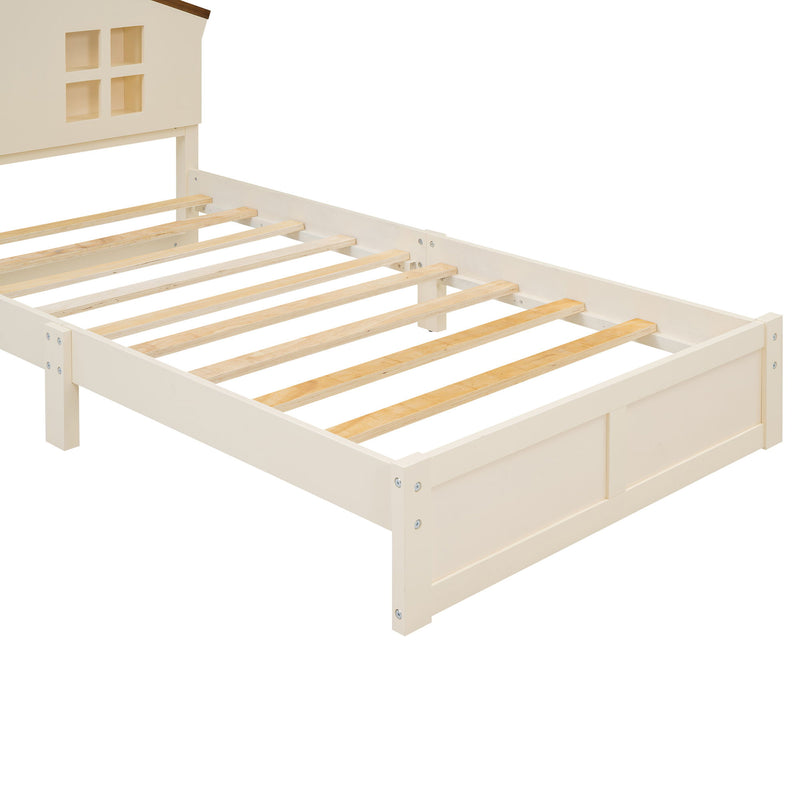 Twin Size Wood Platform Bed With House - Shaped Headboard And Built-In LED, Walnut / Milk White