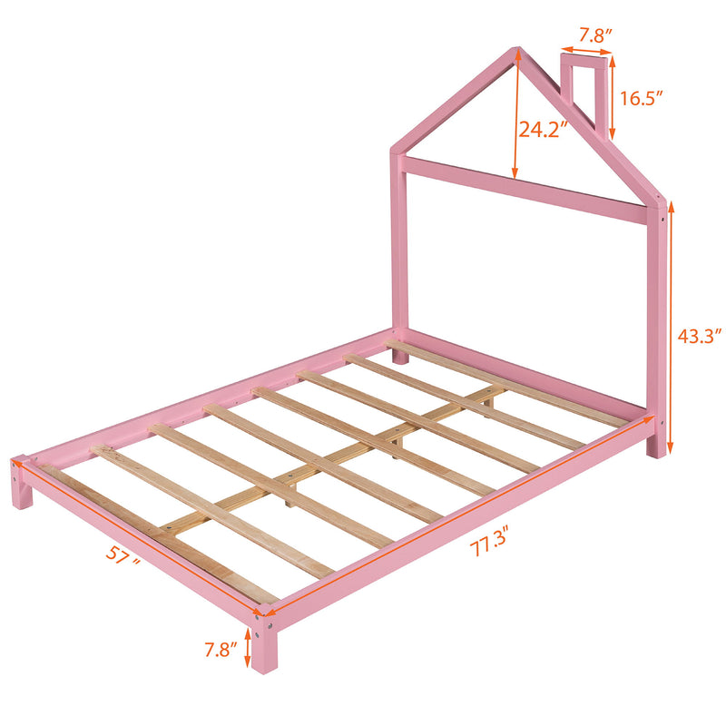 Full Size Wood Platform Bed With House Shaped Headboard (Pink)