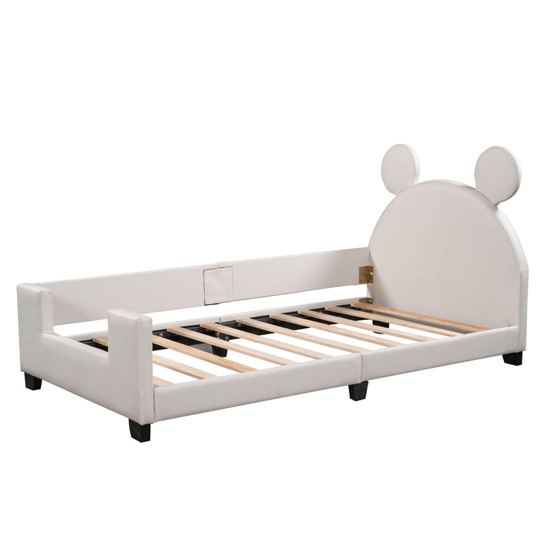 Twin Size Upholstered Daybed With Carton Ears Shaped Headboard, White