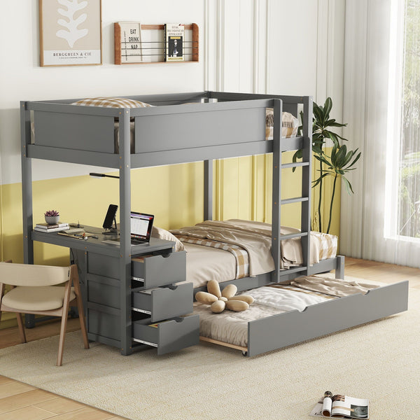 Twin-Over-Twin Bunk Bed With Twin Size Trundle, Storage And Desk, Gray