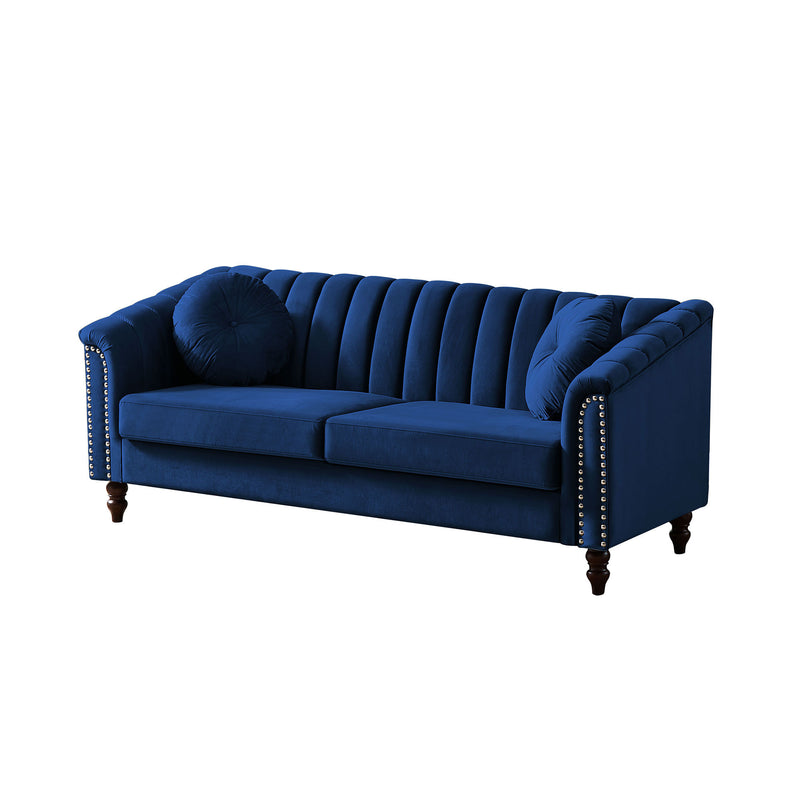 MH Modern Velvet Upholstered Sofa Couch, 3 Seat Tufted Back with Nail Arms, Solid wood Legs, Sleeper Sofa for Living Room, Compact Living Space, Apartment, Bonus Room, Blue
