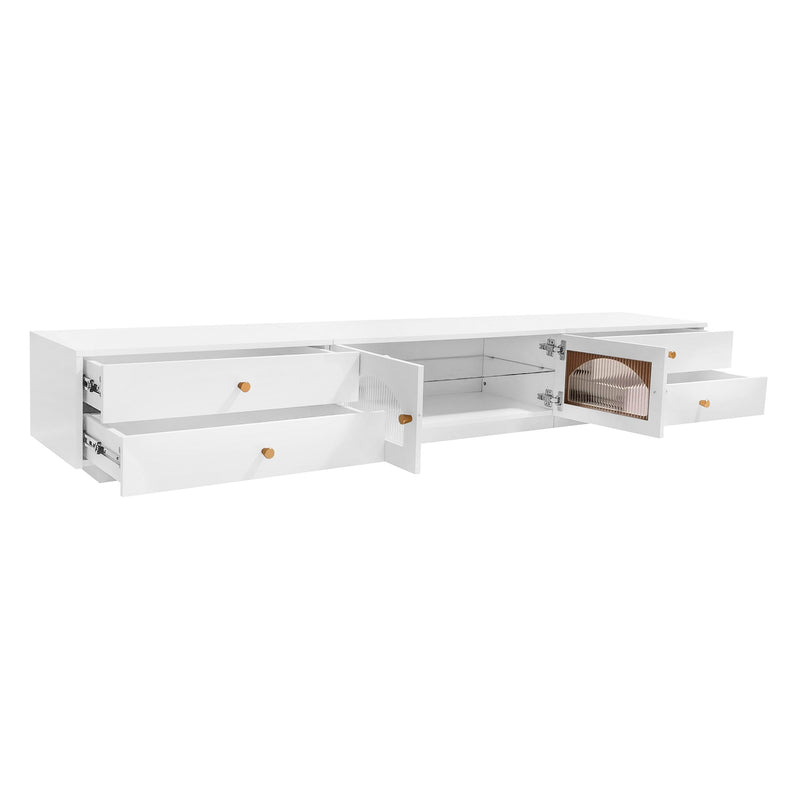 On-Trend Luxurious TV Stand With Fluted Glass Doors, Elegant And Functional Media Console For TVs Up To 90'', Tempered Glass Shelf TV Cabinet With Multiple Storage Options, White