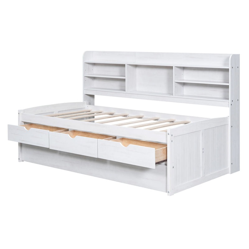 Twin Size Wooden Captain Bed With Built-In Bookshelves, Three Storage Drawers And Trundle, White Wash