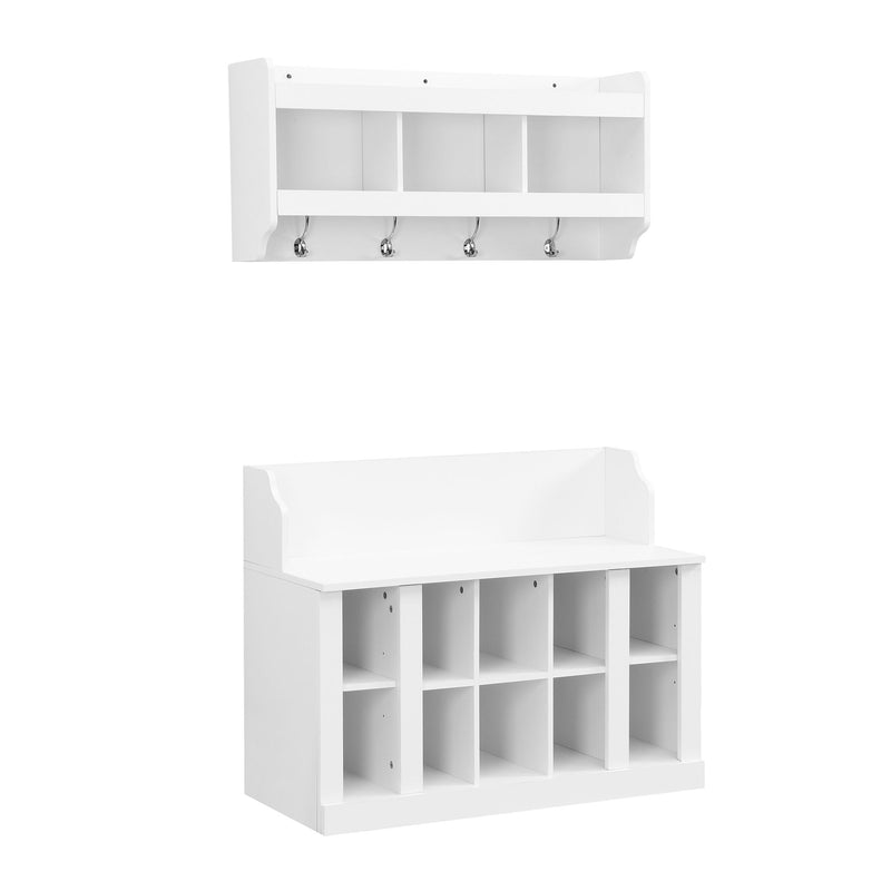 On Trend Shoe Storage Bench With Shelves And 4 Hooks, Elegant Hall Tree With Wall Mounted Coat Rack, Entryway Organizer For Hallway, Foyer, Mudroom, White